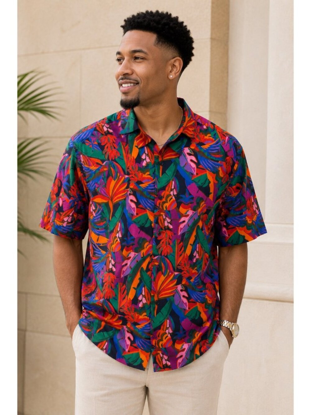 Piombo XL Tropical Hawaiian Button Up Shirt Colorful Jungle Camp Italy Cotton